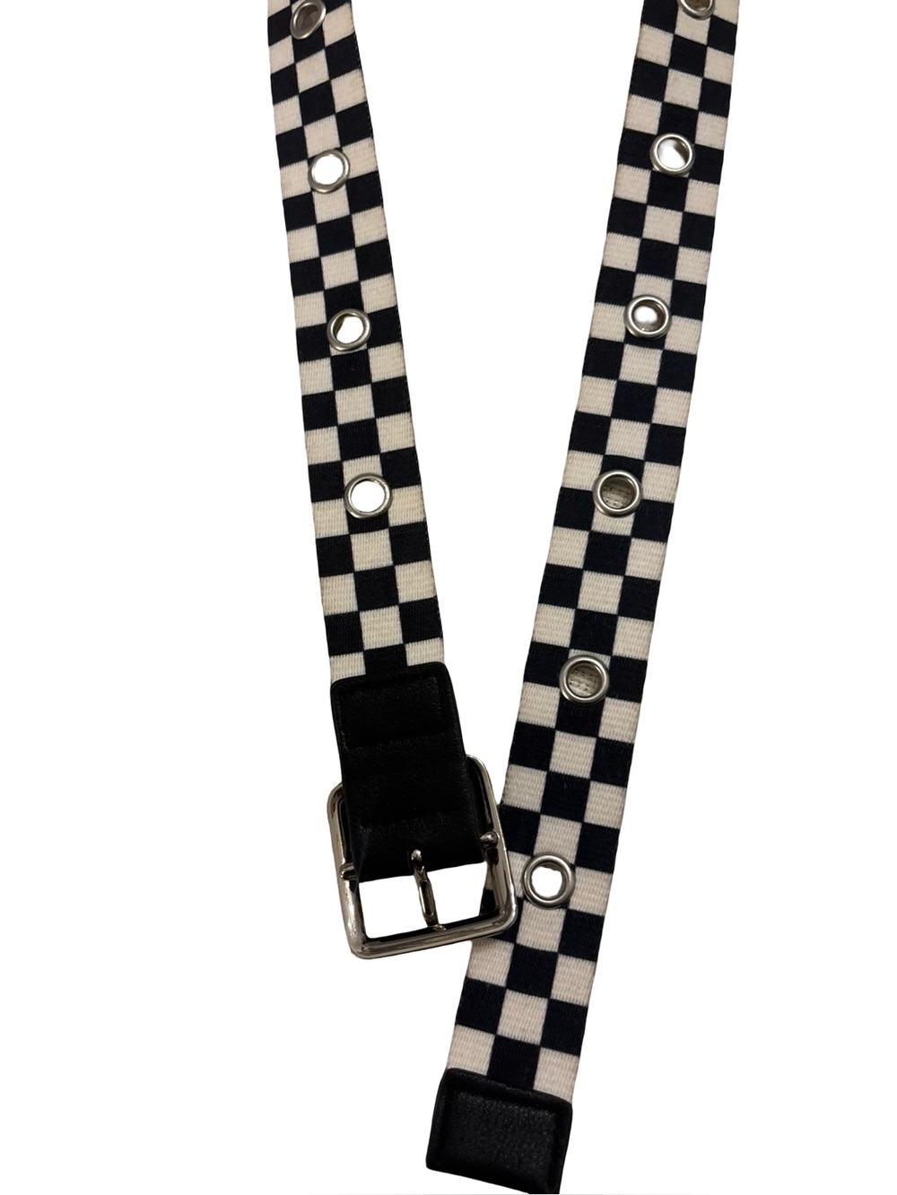 Black & White Checkered Studded Racing Canvas Belt with Metal Buckle